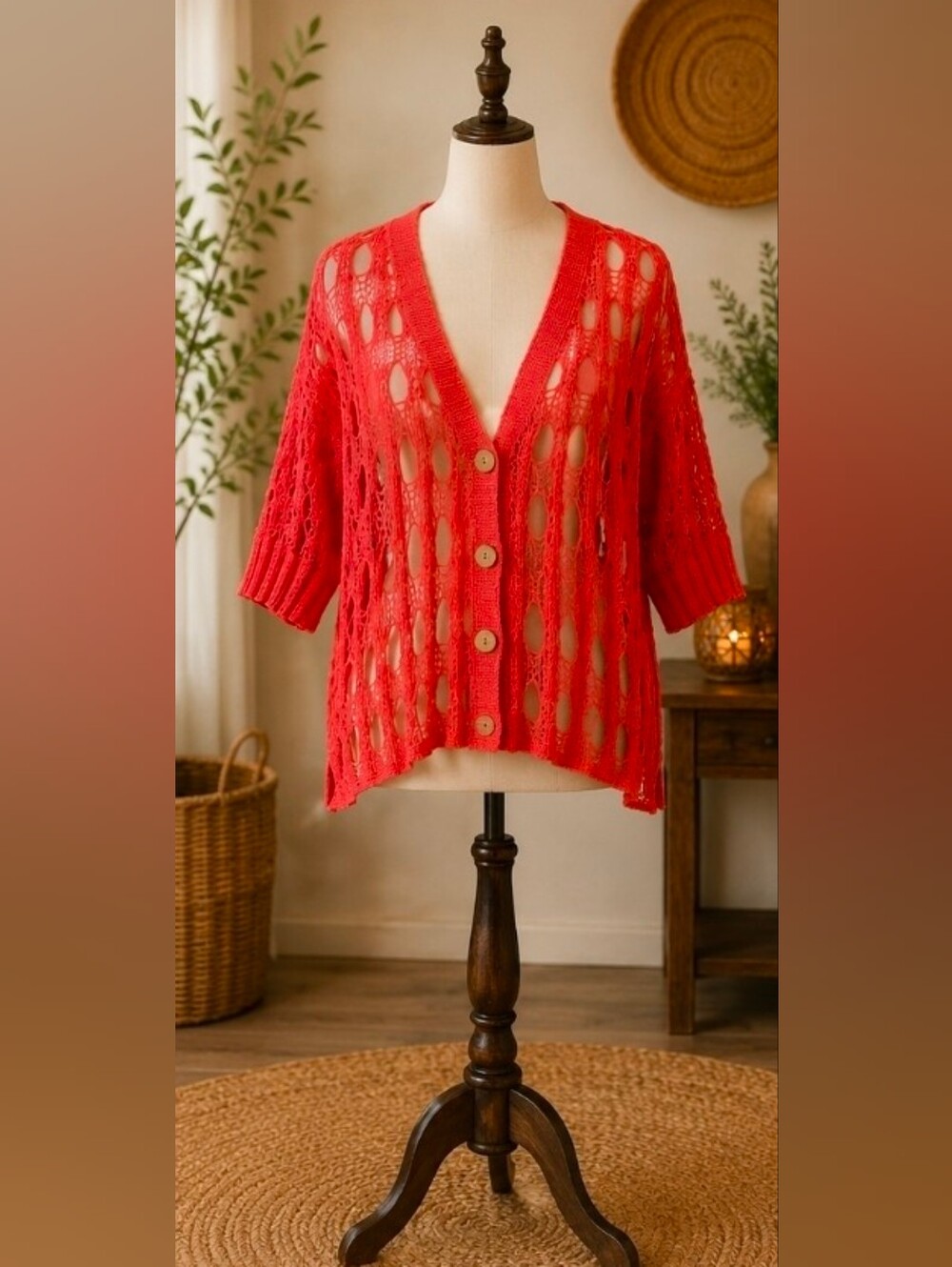 Oversized Open Knit Coral Cardigan | Size Medium (Oversized) Boho Wooden Buttons